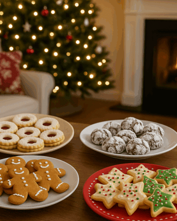 Table with plated Christmas cookies and cozy living room in background.