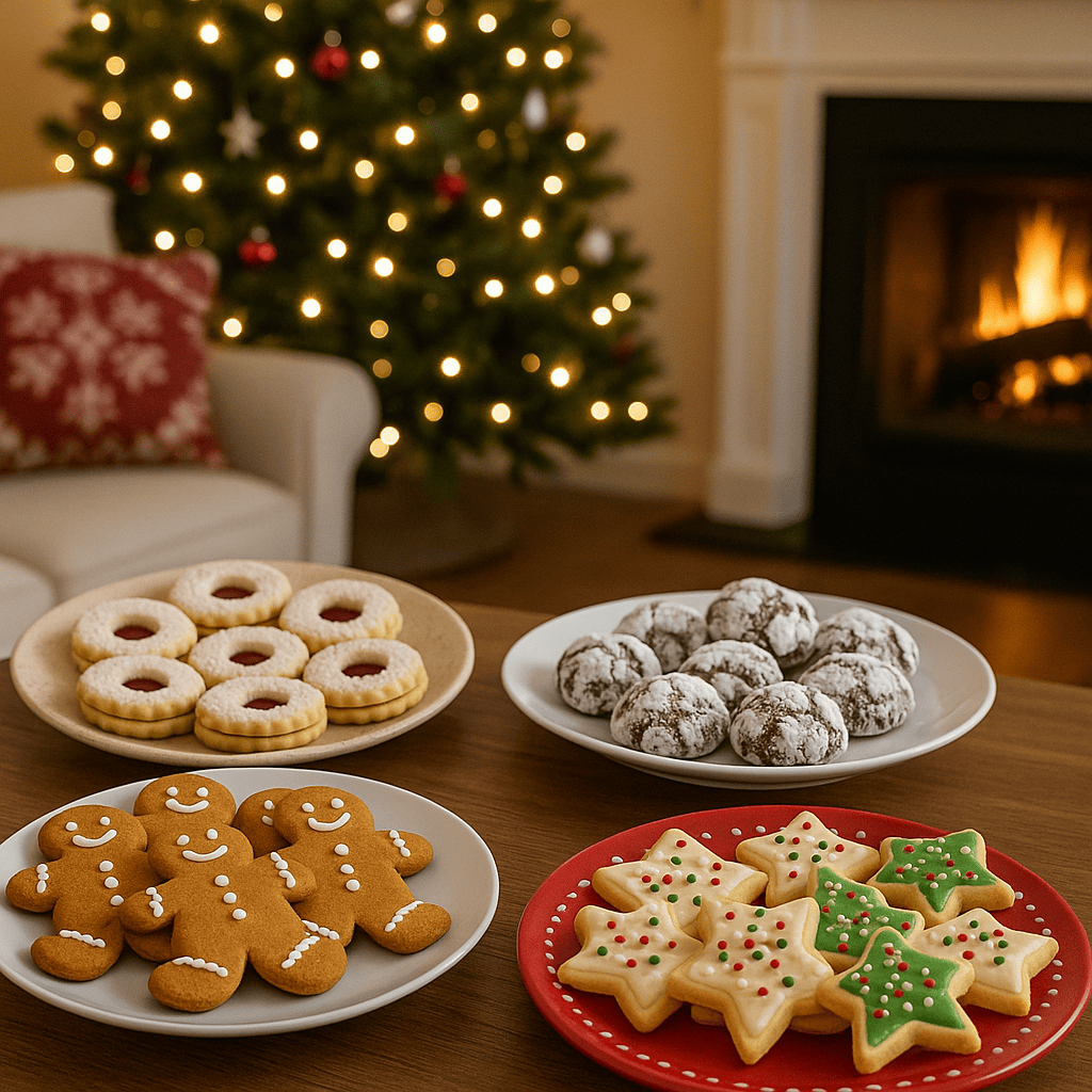 Table with plated Christmas cookies and cozy living room in background.