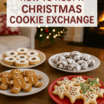 Festive tabletop of plates with Christmas cookies.