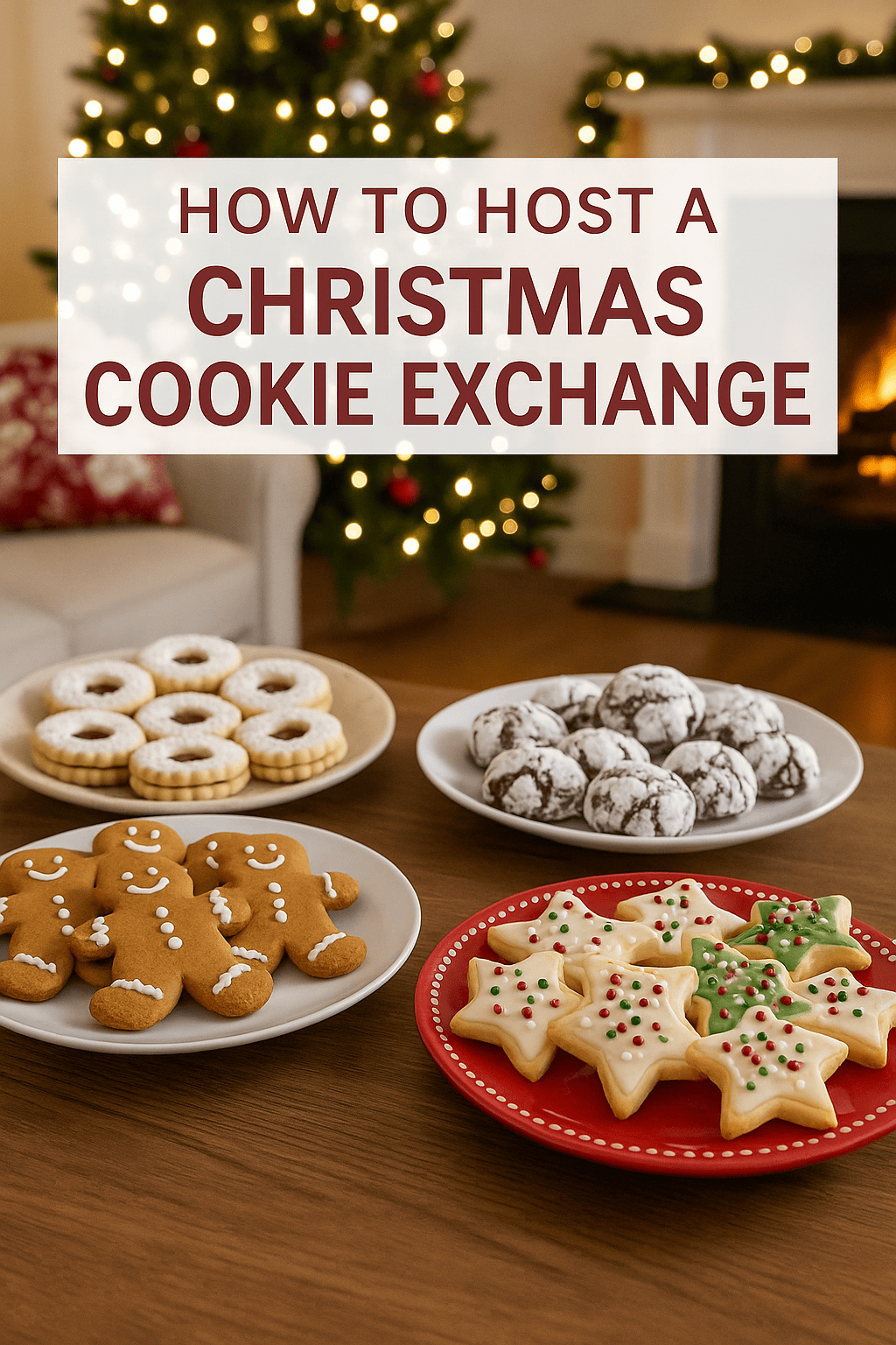 Festive tabletop of plates with Christmas cookies.