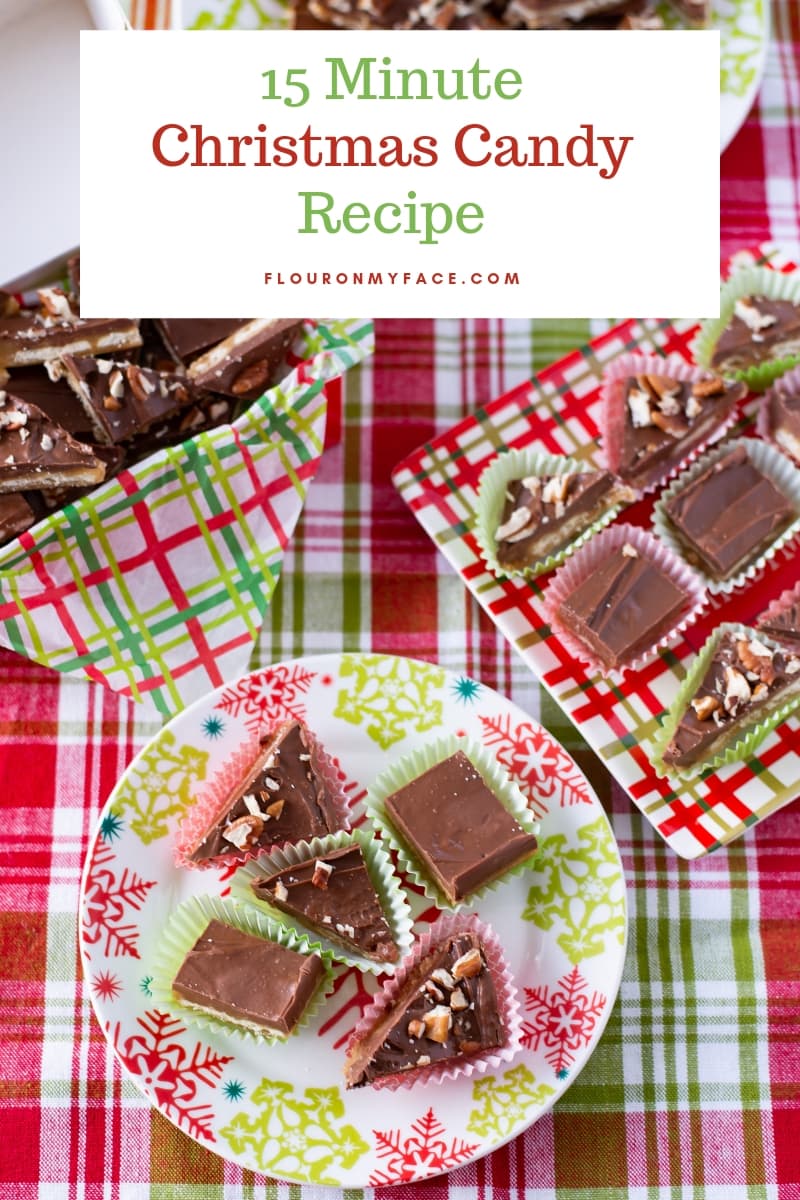 Saltine Cracker Toffee recipe on a holiday plate, in a holiday candy box.