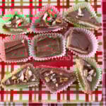 Saltine Cracker Toffee recipe in candy papers on a red, green and gold holiday serving plate.