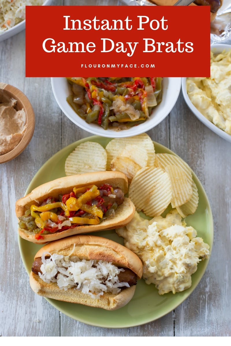 Game Day Brats served with potato salad and chips takes just 5 minutes to cook brats in the Instant Pot