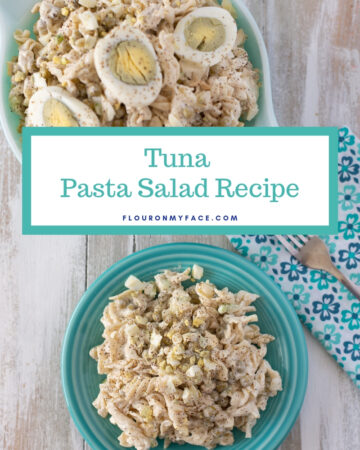 Tuna Pasta Salad recipe served on a Fiestware saucer and in a vintage Pyrex nesting bowl.