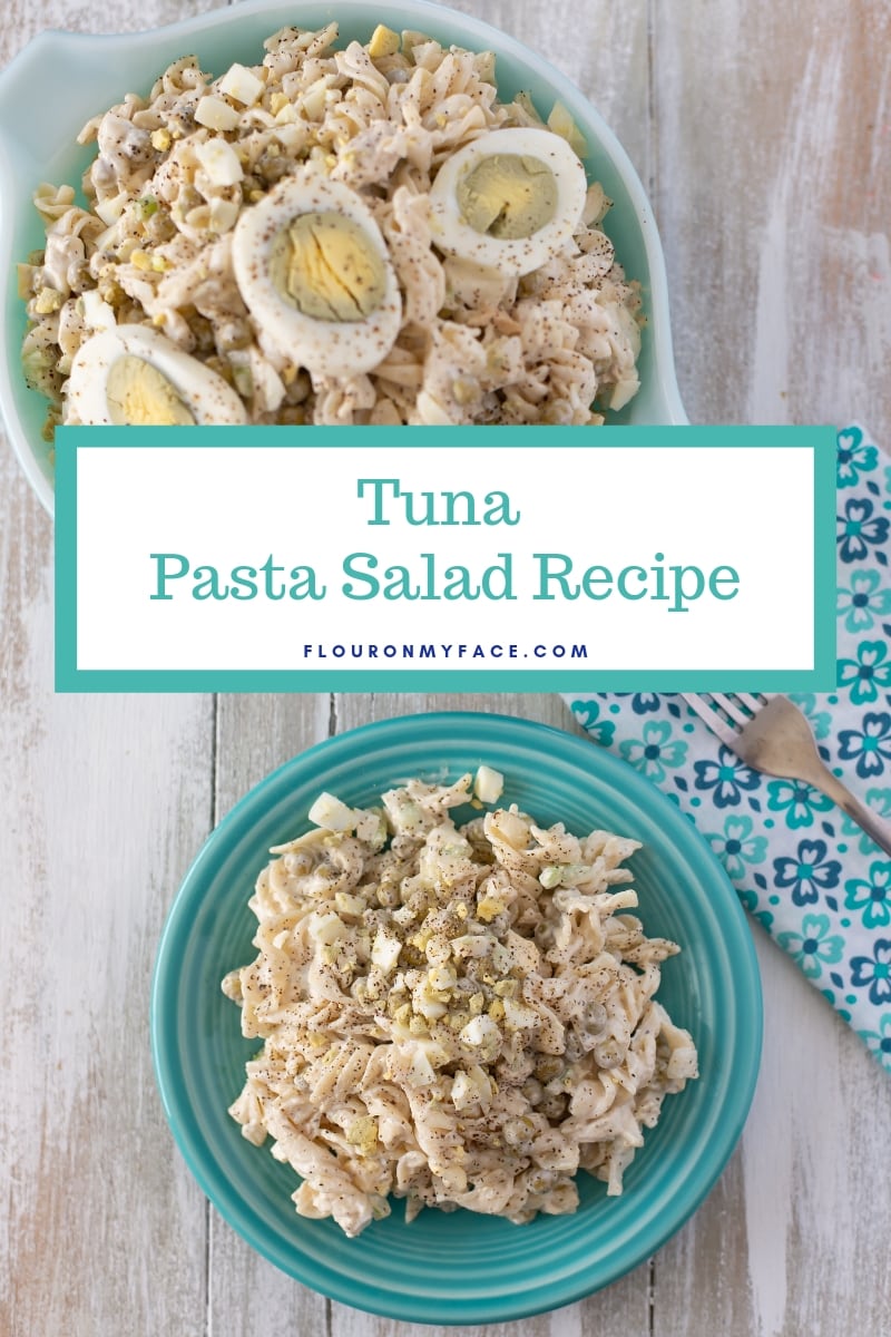 Tuna Pasta Salad recipe served on a Fiestware saucer and in a vintage Pyrex nesting bowl.