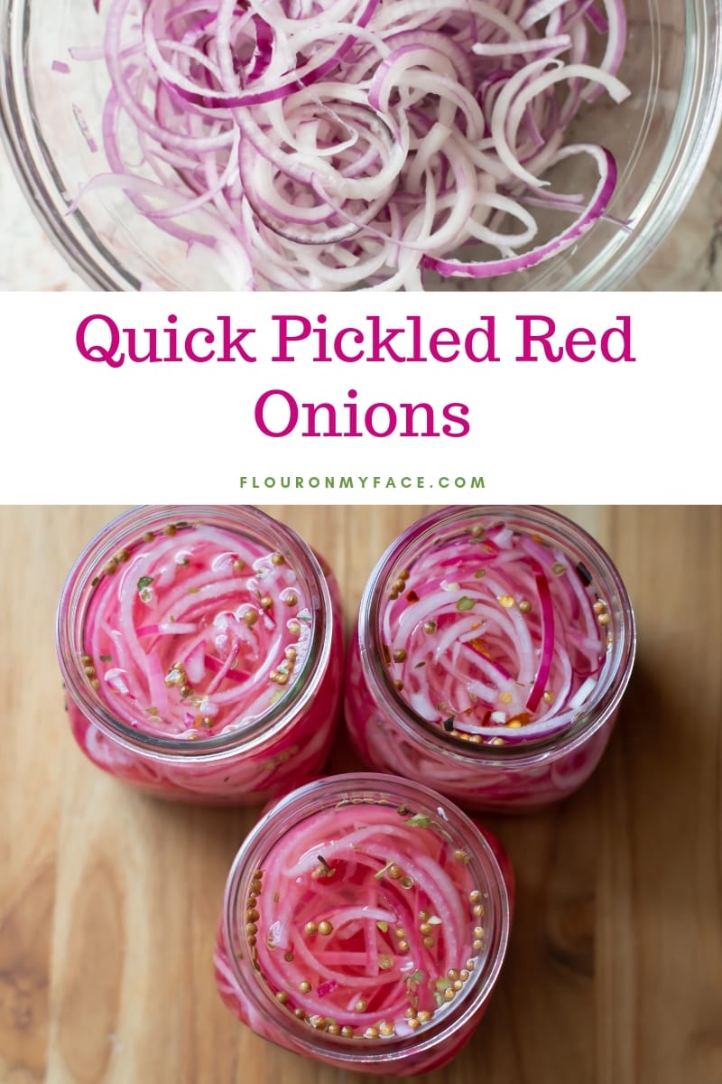 Photo of three mason jars filled with Quick Pickled Red Onions.