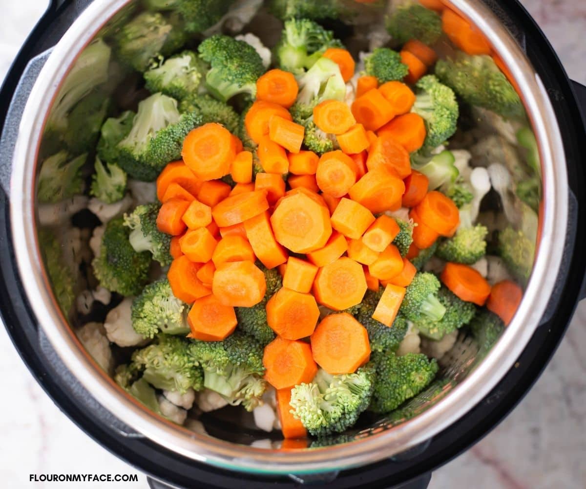 Broccoli, cauliflower and carrots in the instant pot insert.