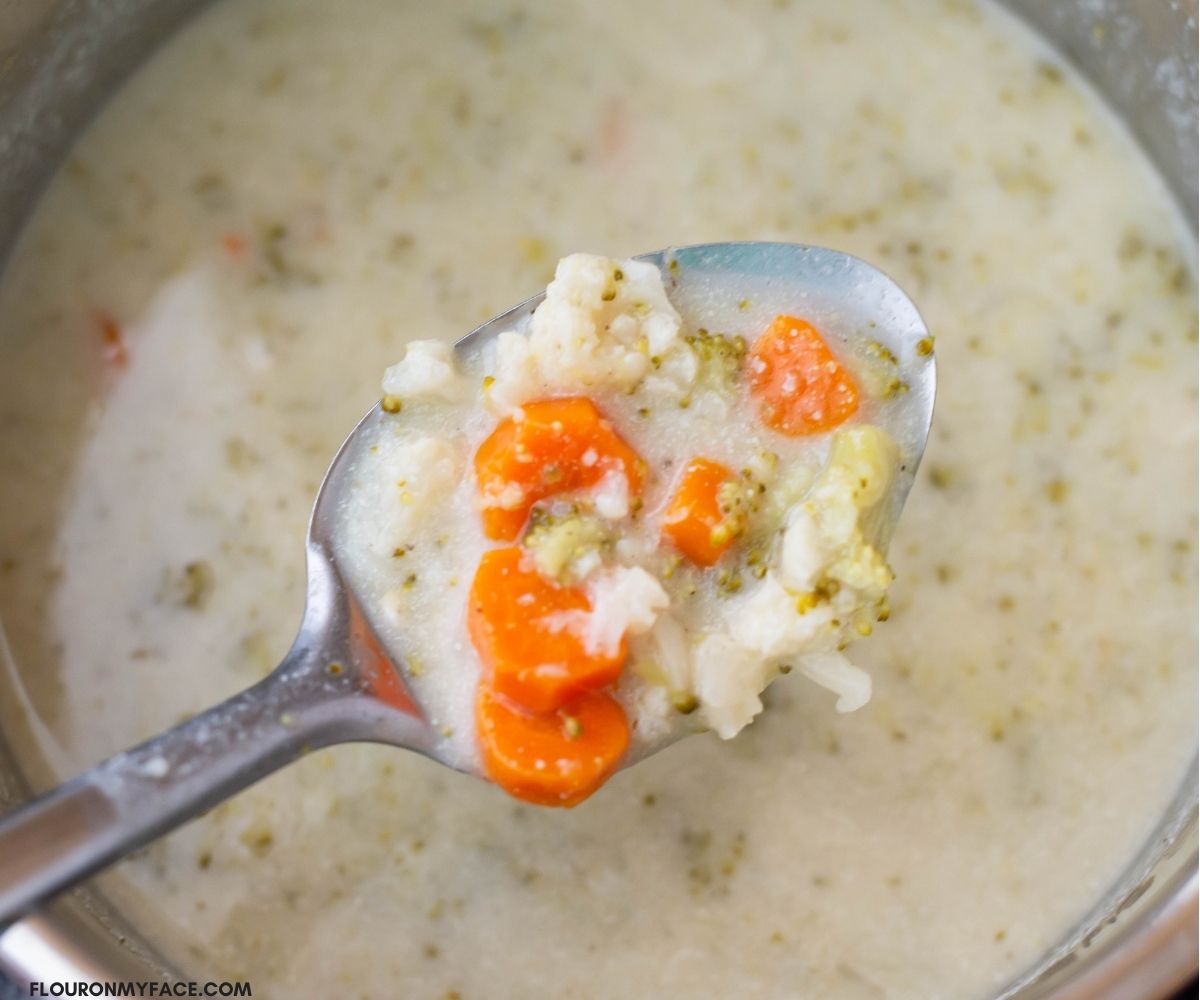 Thickened creamed vegetable soup inside the Instant Pot insert.