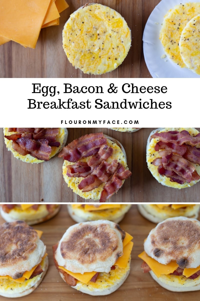 Collage image showing the steps of making Freezer Breakfast Sandwiches