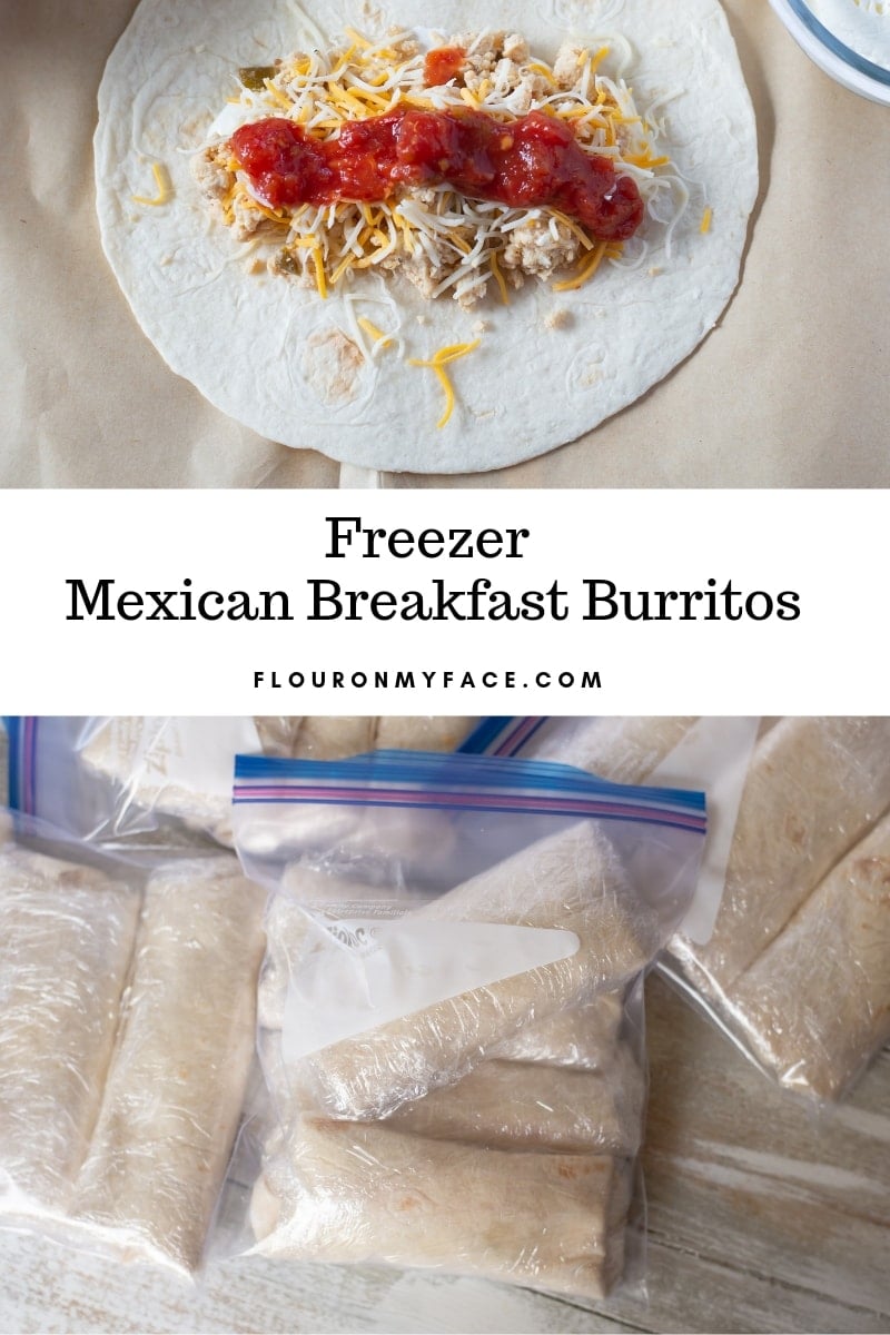 image of freezer Mexican Breakfast Burritos wrapped in plastic and put in Ziplock bags for the freezer.