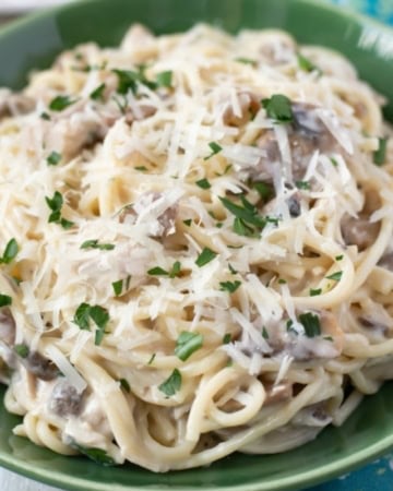 close up photo of a green vintage bowl filled with Crock Pot Chicken Tetrazzini garnished with shredded Parmesan cheese and fresh parsley