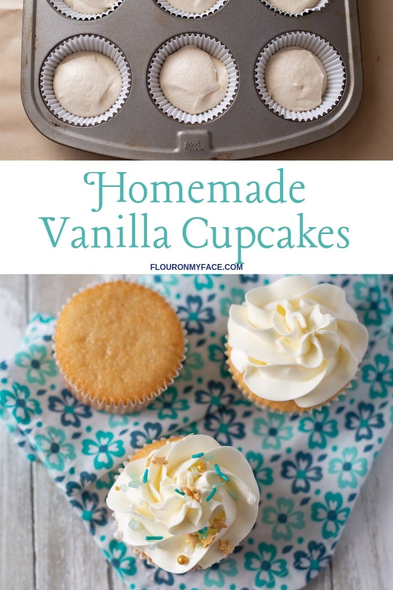 a trio of homemade vanilla cupcakes, one plain, one covered with frosting and one with frosting and colorful Sea Glass Sprinkles