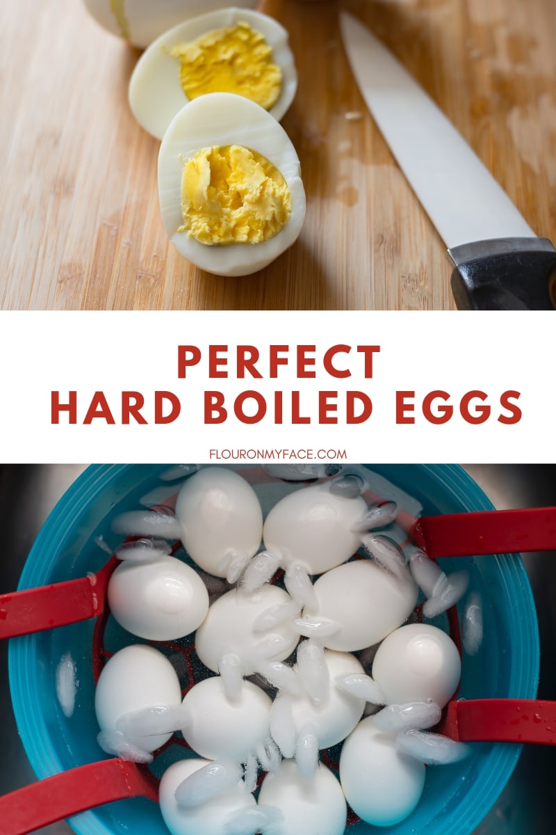 A Instant Pot hard boiled egg cut in half on a wooden cutting board with a bowl filled with ice water and the cooling hard boiled eggs.