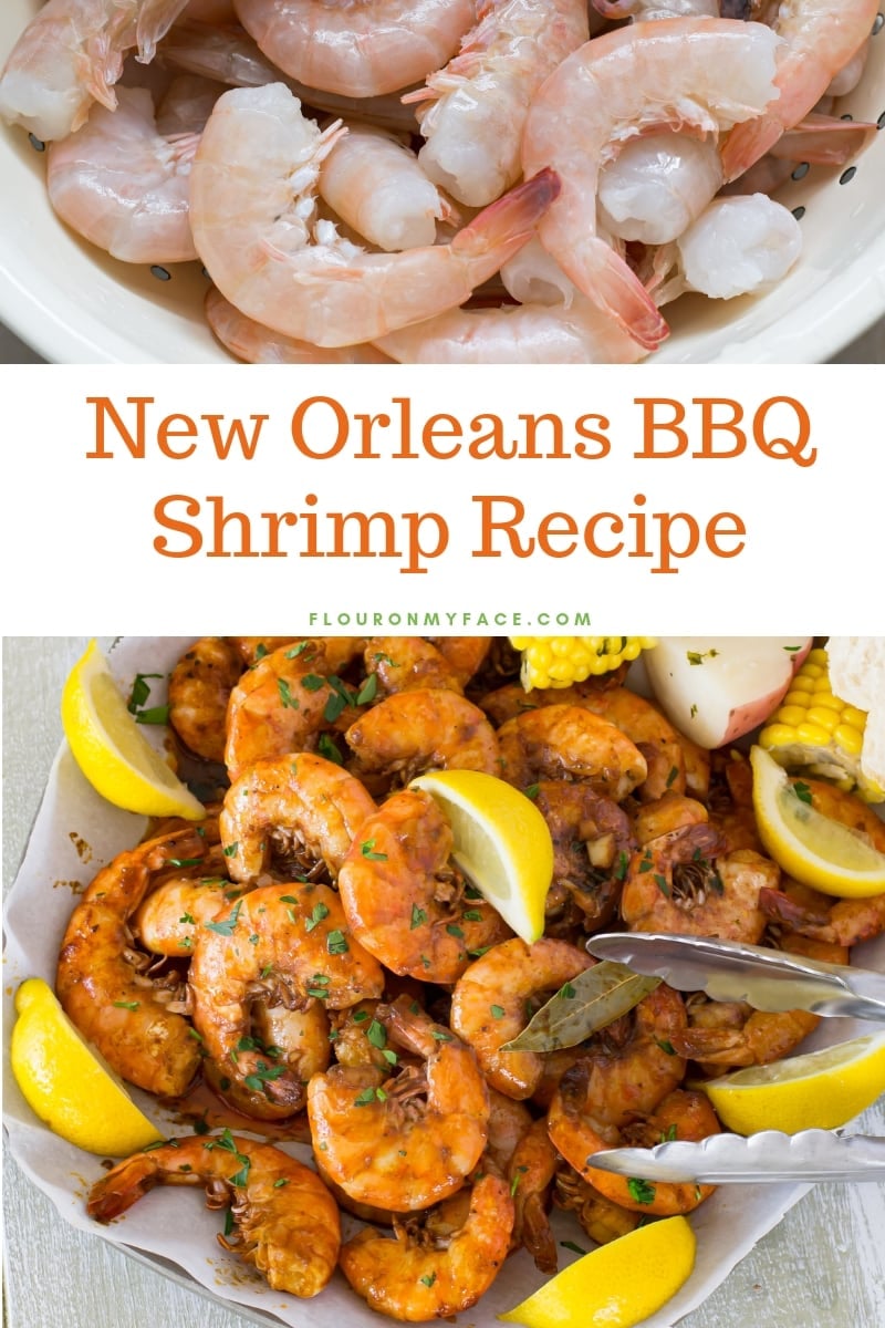 New Orleans Style BBQ Shrimp recipe preview image showing raw fresh pink shrimp with a serving platter of the cooked barbecue shrimp with lemon wedges and mini corn on the cob