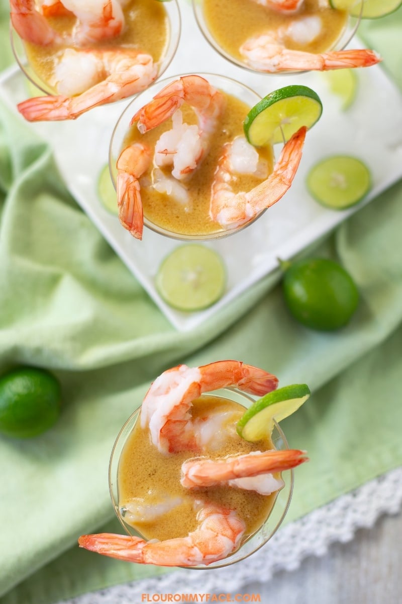 Boiled Shrimp Appetizers served in mini Martini glasses filled with Key Lime Mustard Dipping Sauce