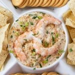 Picture pf Crpck Pot Hot Shrimp Dip that is in a chip and dip serving platter