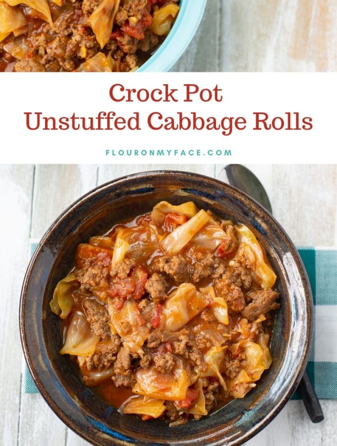 A brown pottery bowl fill with a serving of Crock Pot Unstuffed Cabbage Rolls recipe