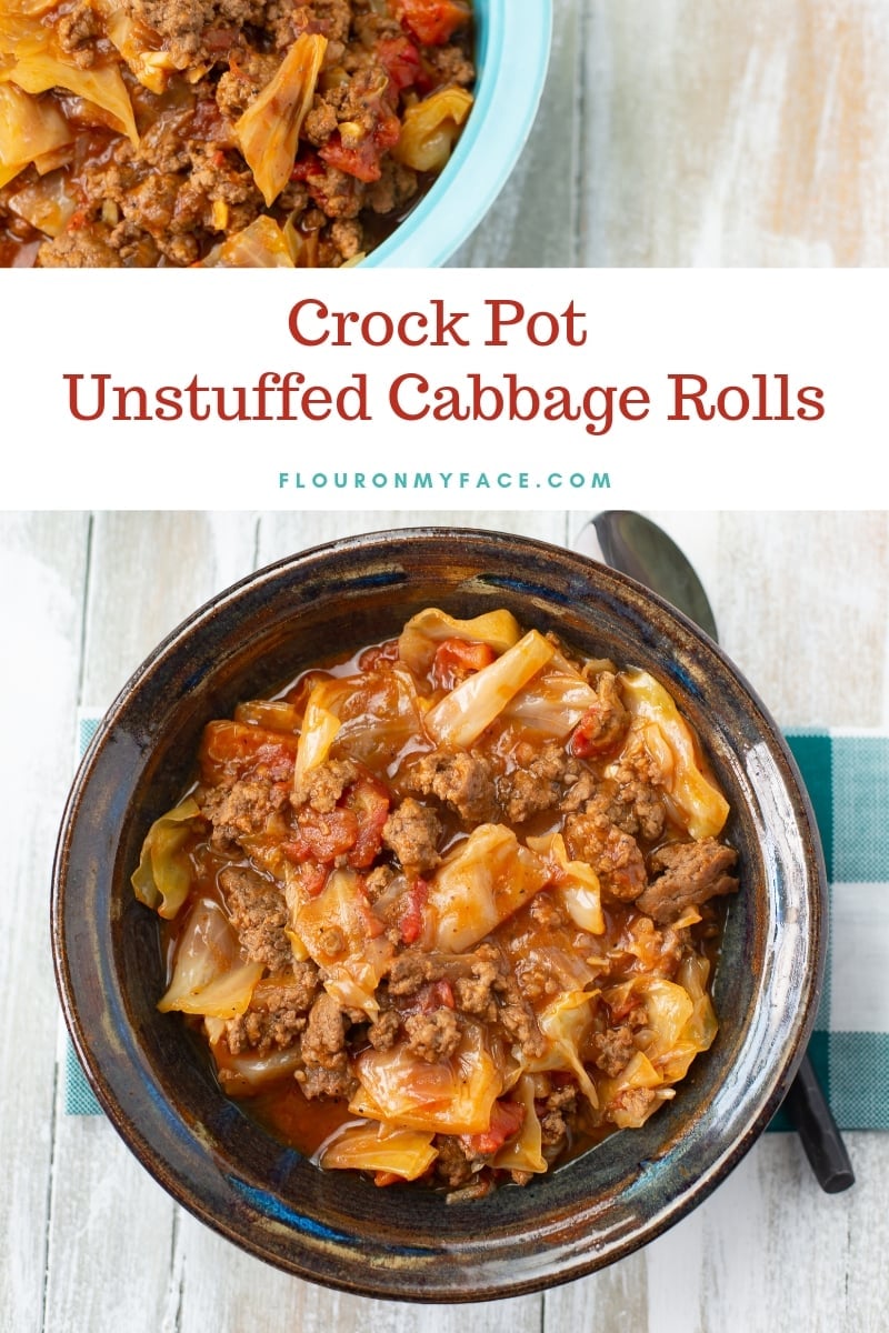 A brown pottery bowl fill with a serving of Crock Pot Unstuffed Cabbage Rolls recipe