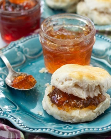 A plate with a fresh biscuit with a thick spread of homemade Scuppernong Jelly with a jar of the jelly on a cloth napkin.