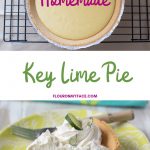 Photo of a Key Lime Pie topped with whipped cream and garnished with slices of fresh lime