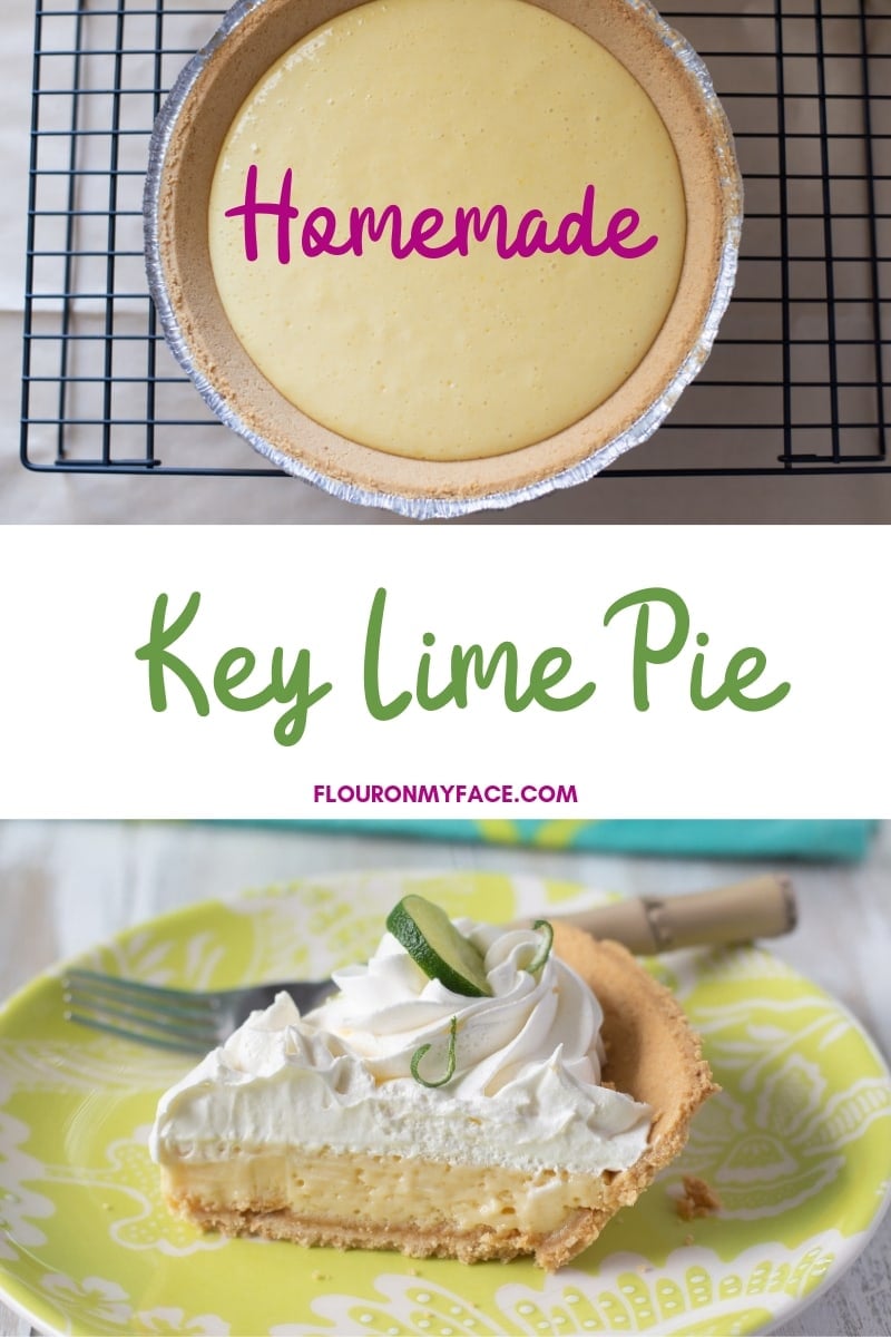 Photo of a Key Lime Pie topped with whipped cream and garnished with slices of fresh lime