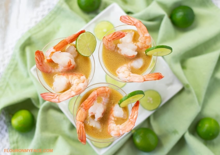 3 mini martini glassed used to serve Shrimp appetizers served with Key Lime Mustard sauce 