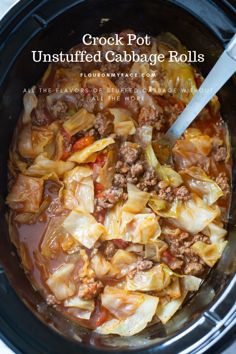 Over head photo of Cooked Crock Pot Unstuffed Cabbage Rolls recipe in the crock pot