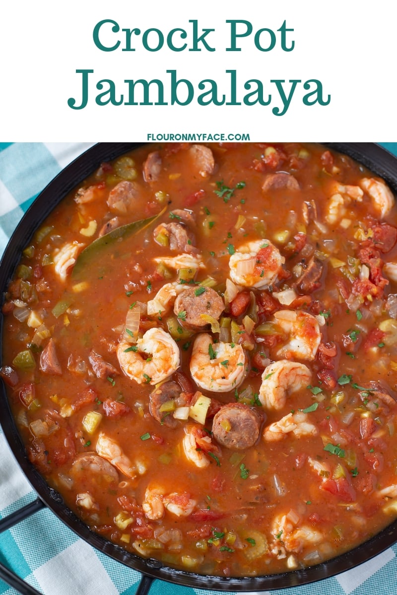 Large skillet used to serve Crock Pot Shrimp Sausage Jambalaya