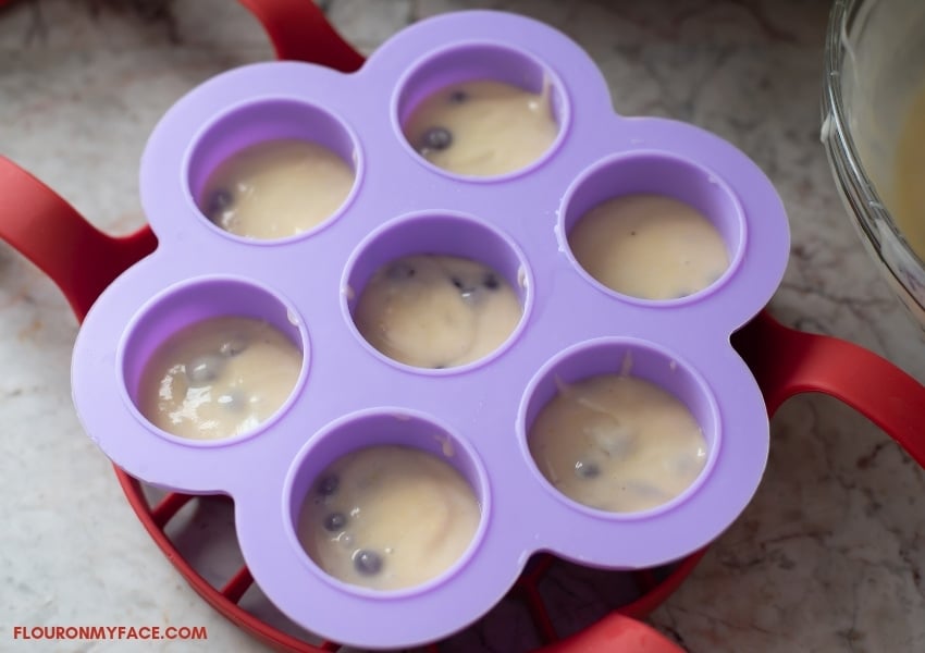 Filling a Silicone Egg Bites Mold with blueberry muffin batter
