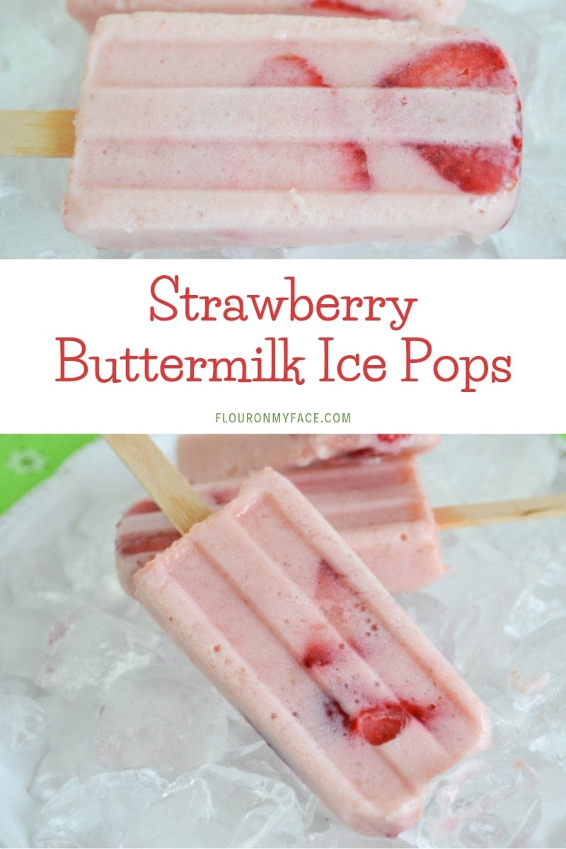 close up photo of Strawberry Buttermilk Ice Pops showing the sliced strawberries frozen into the ice pop base.