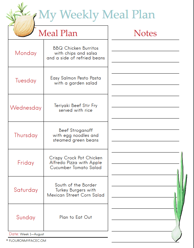 A preview image for the August Weekly Meal Plan 1 Menu Plan showing each day of the week and the meal.