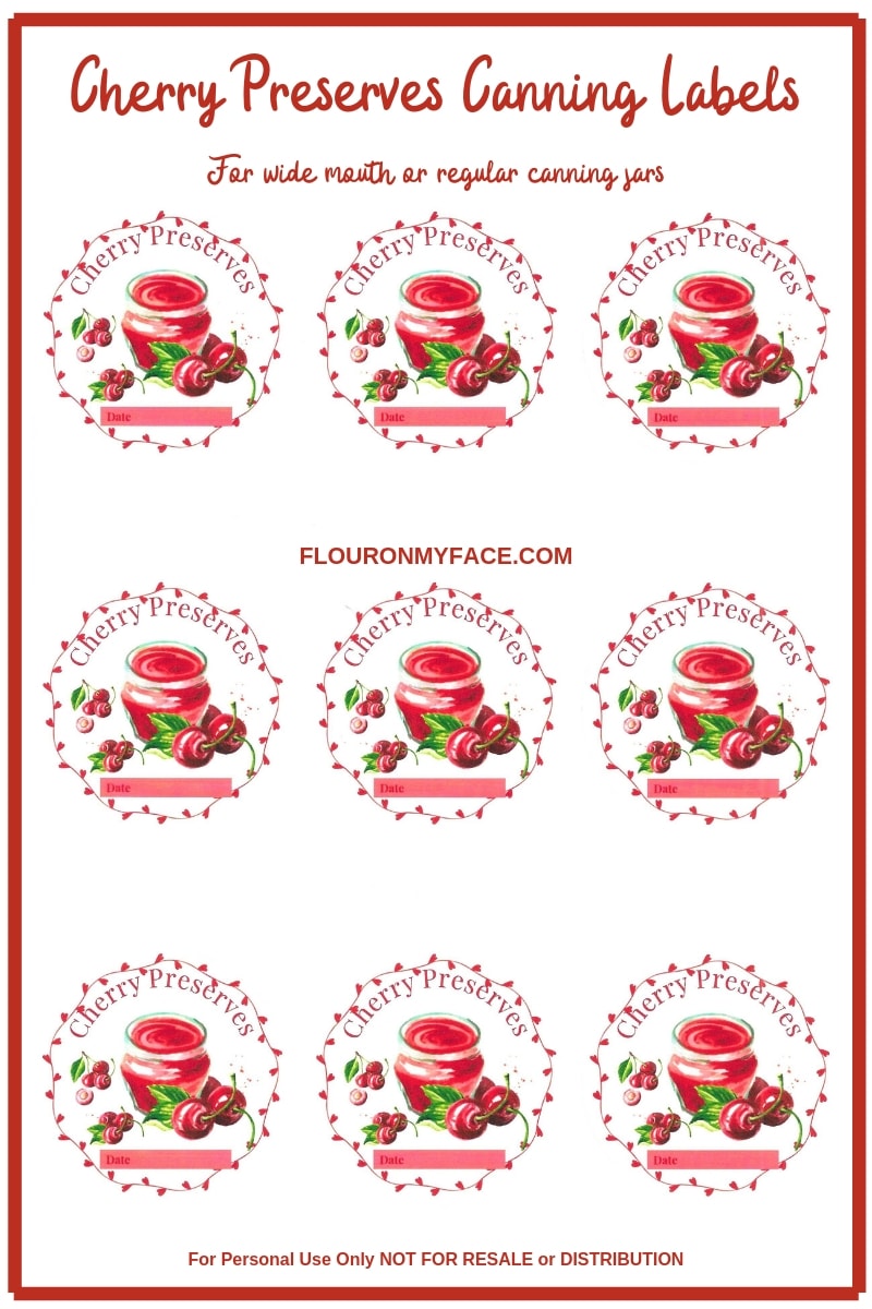 Preview image of custom designed Cherry Preserves canning label for wide mouth or regular mouth canning label lids