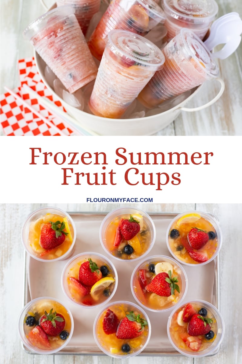 collage photo with the Frozen Fruit Punch Cups in individual plastic cups with lids at the top and on the bottom is the unfrozen ingredients in the cups before going into the freezer. A frozen treat for the Fourth of July