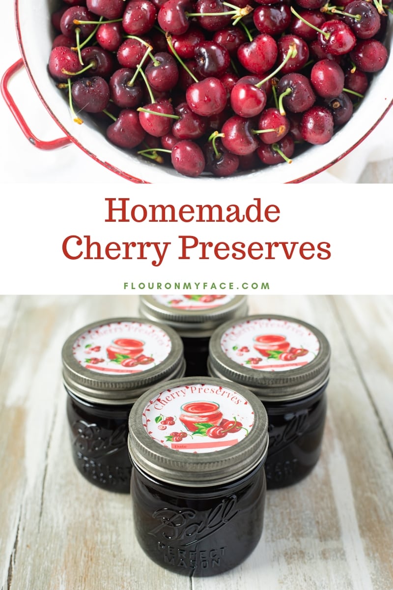 collage photo with a picture of 4 half pint Ball Vintage Aqua Blue canning jars filled with Sweet Cherry Preserves with a photo above of fresh sweet cherries in a vintage galvanized steel colander in white with red trim.