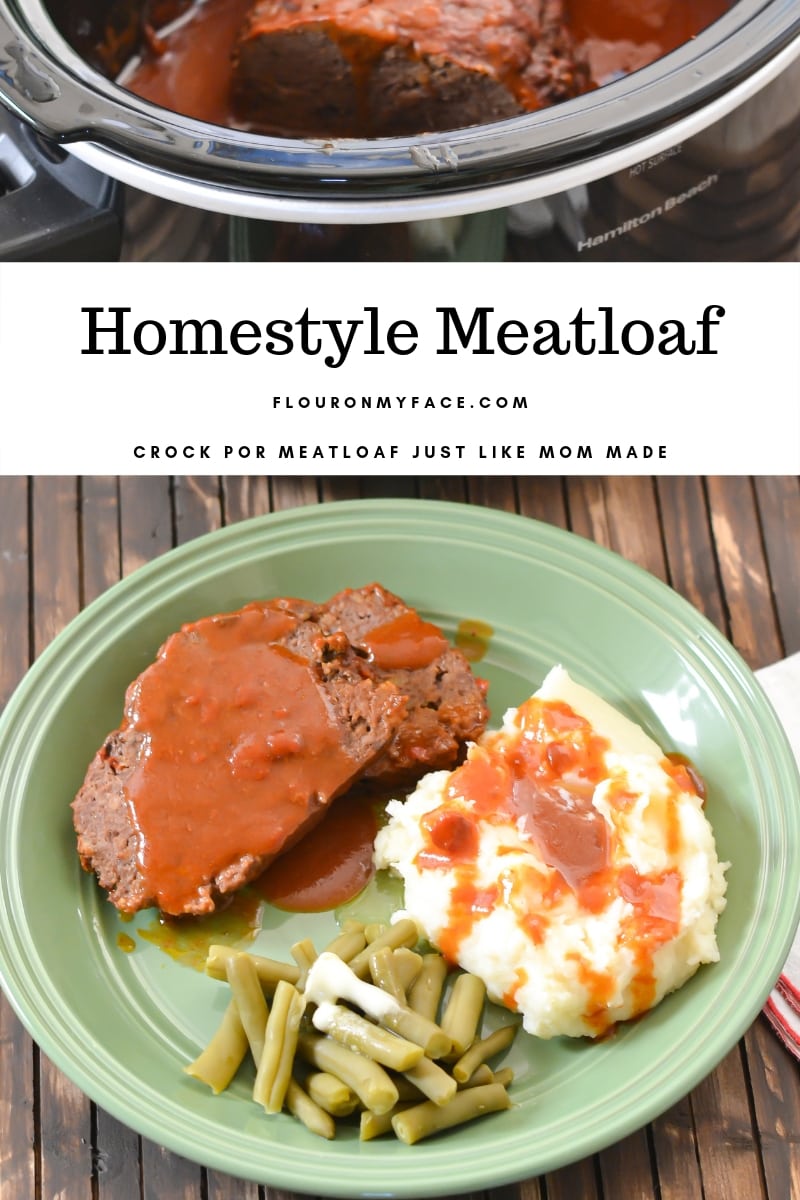 Crock Pot Meatloaf dinner on a plate. Two slices of the cooked meatloaf covered in tomato gravy with a side of mashed potatoes and green beans.