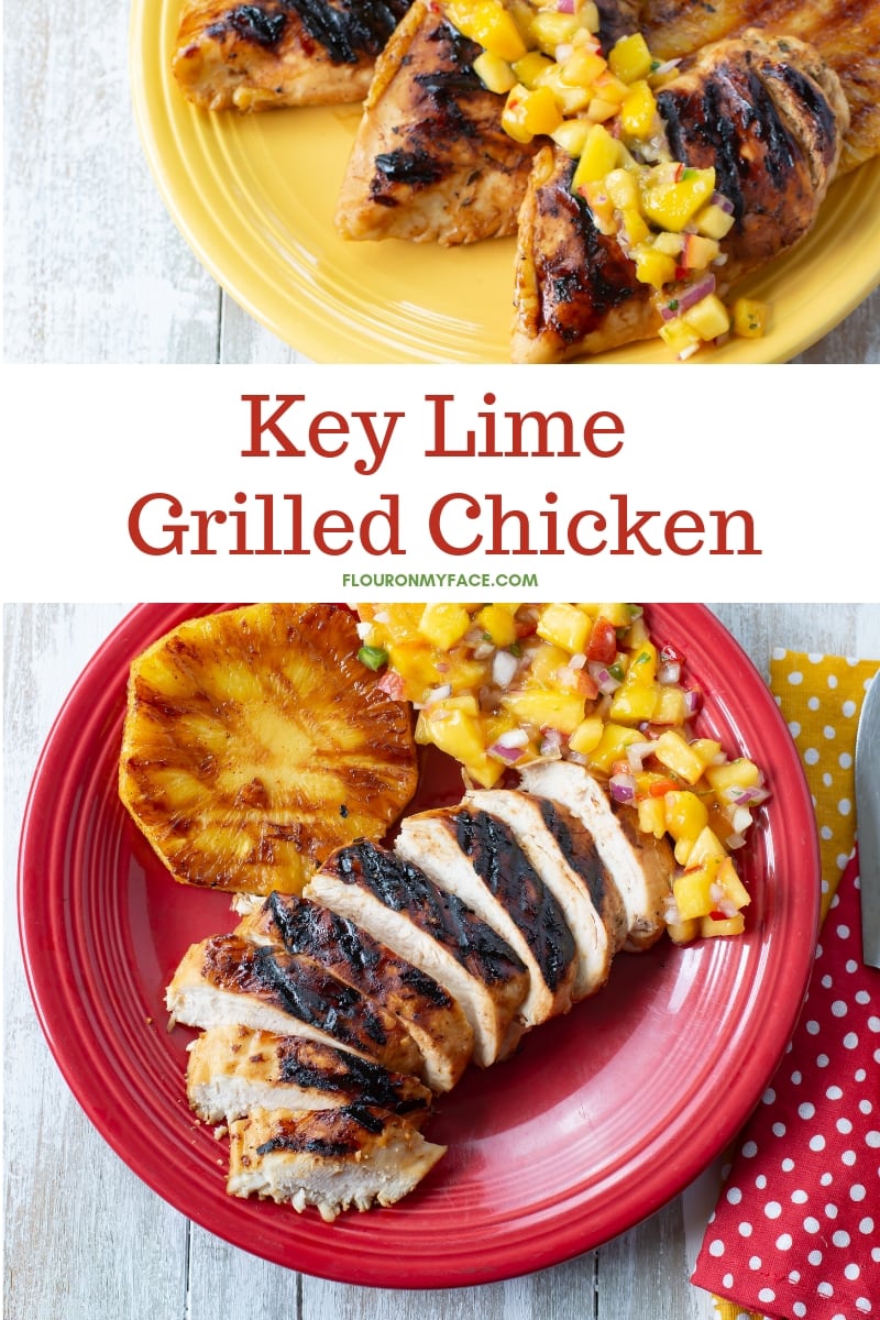 A red Fiesta-ware plate with a piece of Key Lime Grilled Chicken that has been sliced, which a slice of grilled pineapple and a serving of homemade Mango salsa