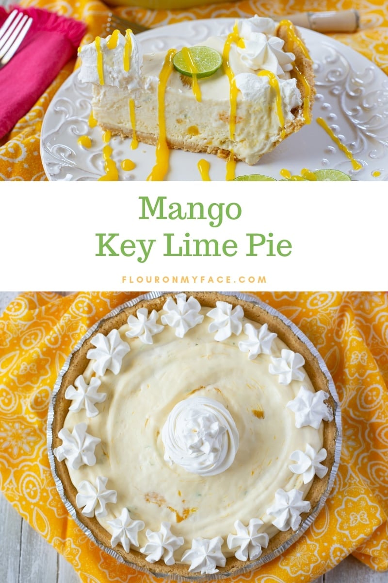 Whole uncut no bake Mango Key Lime Pie on a bright yellow cloth napkin with a photo of a sliced peice of Mango Key Lime with whipped cream, lime slice and mango sauce drizzled over