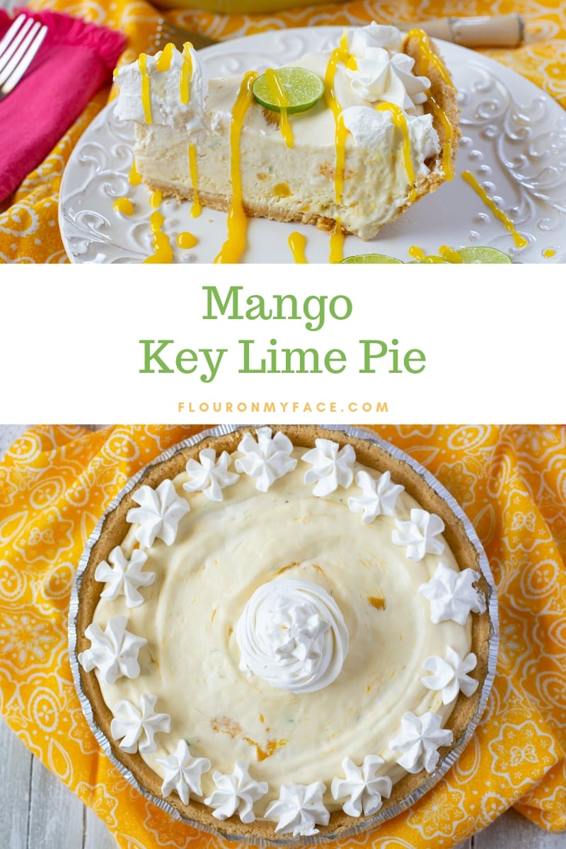 Whole uncut no bake Mango Key Lime Pie on a bright yellow cloth napkin with a photo of a sliced peice of Mango Key Lime with whipped cream, lime slice and mango sauce drizzled over