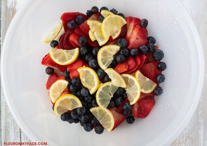 a plastic bowl with sliced strawberries, fresh blueberries and thinly sliced lemon slices.