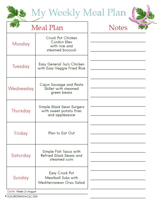 Preview image of the August Weekly Meal Plan Printable