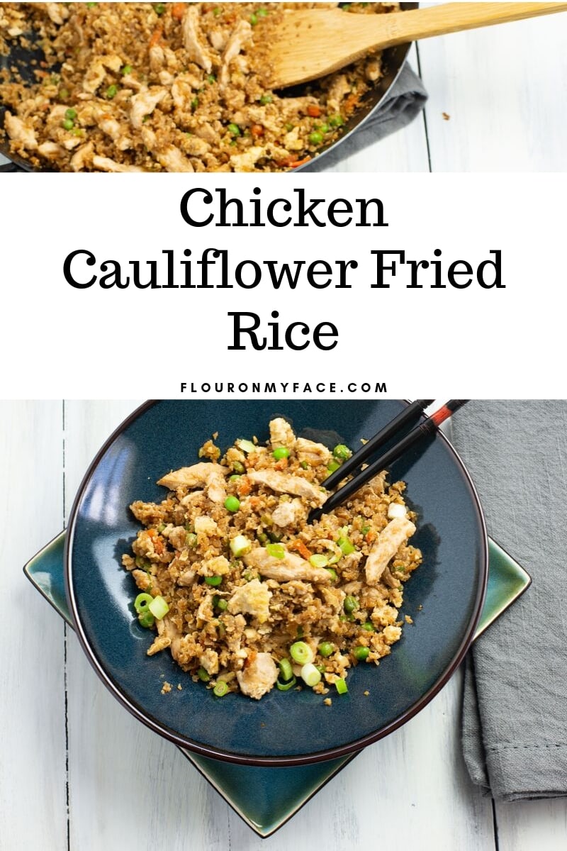 Featured image for the Chicken Cauliflower Fried Rice recipe - a bowl filled with a serving of low carb fried rice.