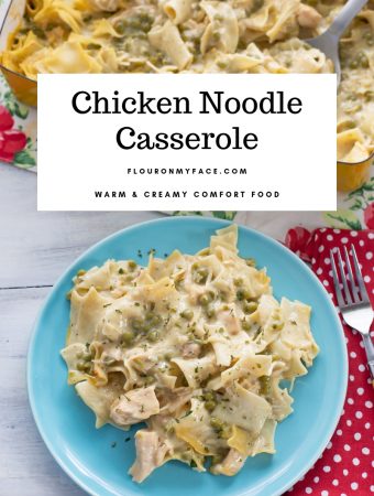 featured image for the Chicken Noodle Casserole recipe. A dinner plate with a serving of chicken noodle casserole.