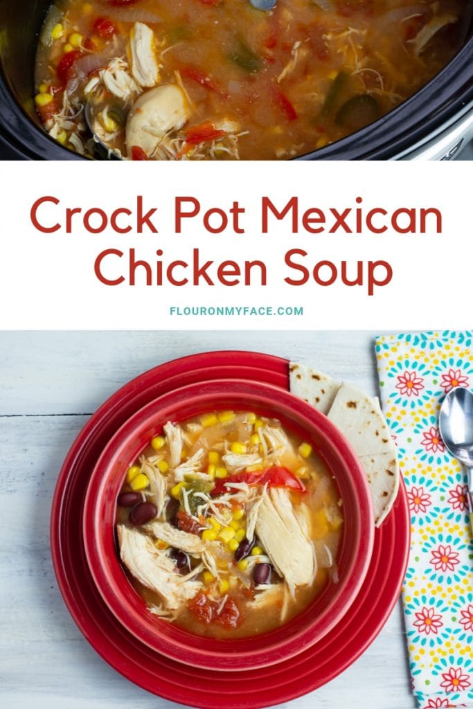 Crock Pot Mexican Chicken Soup recipe served in a red Fiestaware bowl