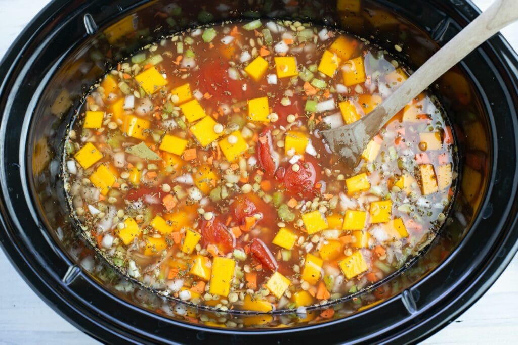 Crock Pot Lentil Butternut Squash Soup - Flour On My Face