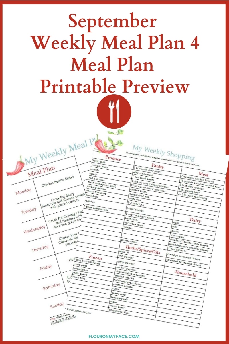 September Weekly Meal Plan 4 meal Plan and Shopping list printable preview