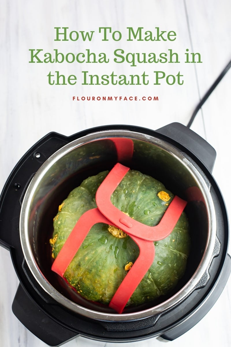 Overhead photo showing a whole kabocha squash inside an Instant Pot before pressure cooking. 