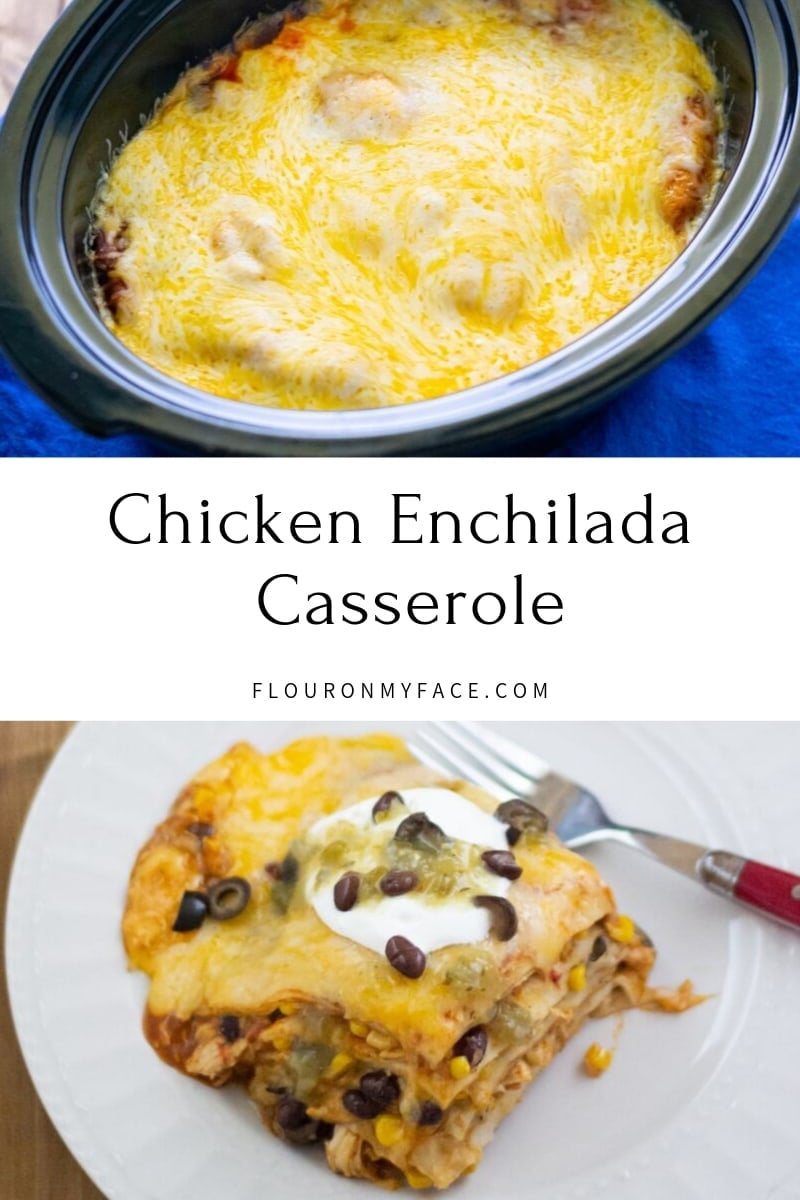 featured image showing the Crock Pot Chicken Enchilada Casserole recipe in the crock pot and a serving on a plate.