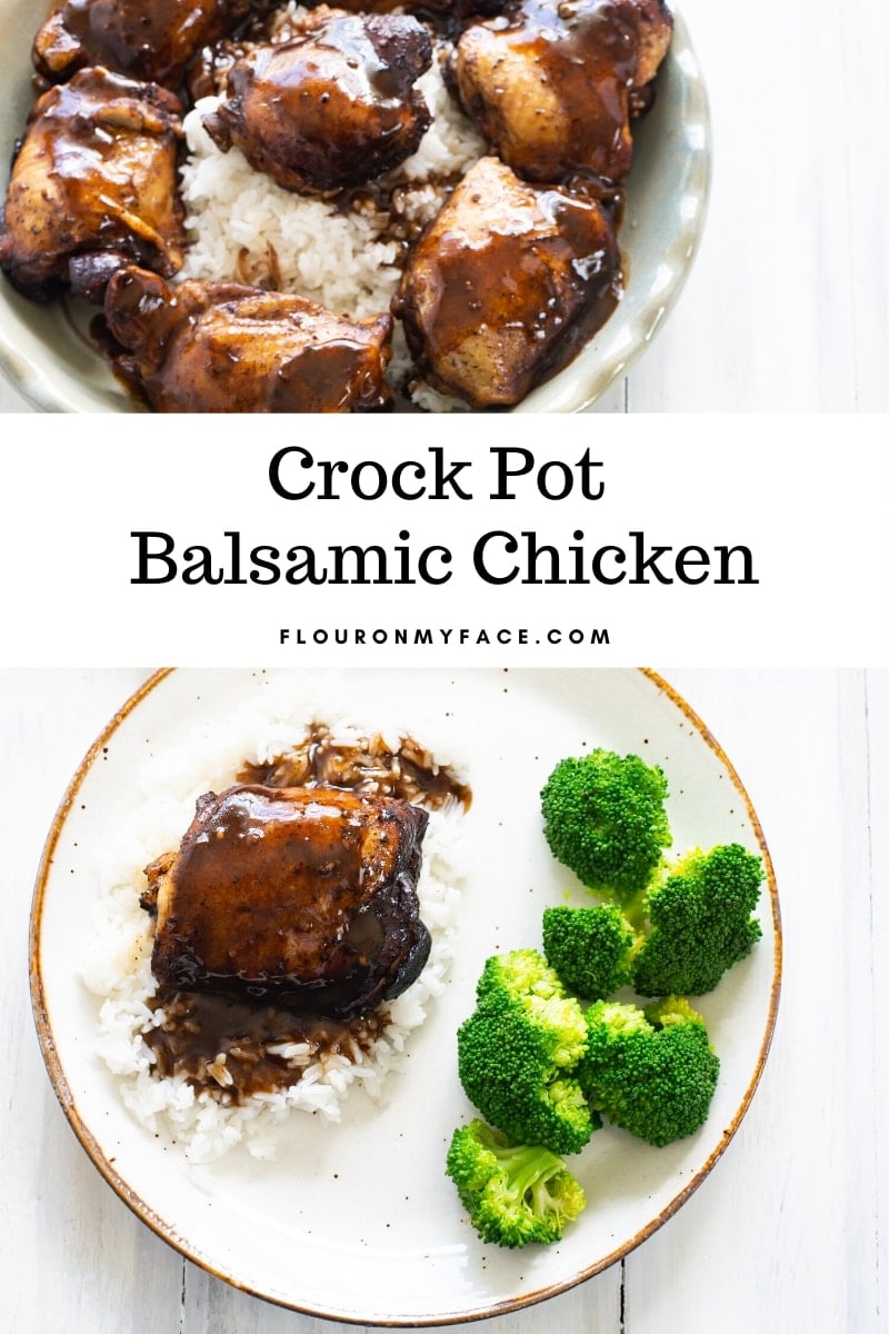 Featured photo of a Crock Pot Balsamic Chicken Recipe served with Jasmine Rice and fresh broccoli