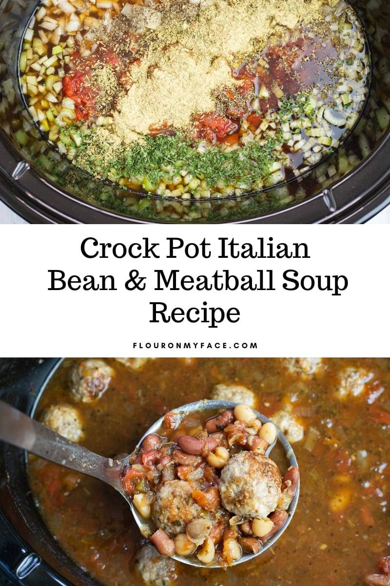 collage ohoto of Crock Pot Italian Bean Meatball Soup ingredients before cooking with a photo below of a ladle full of the cooked soup