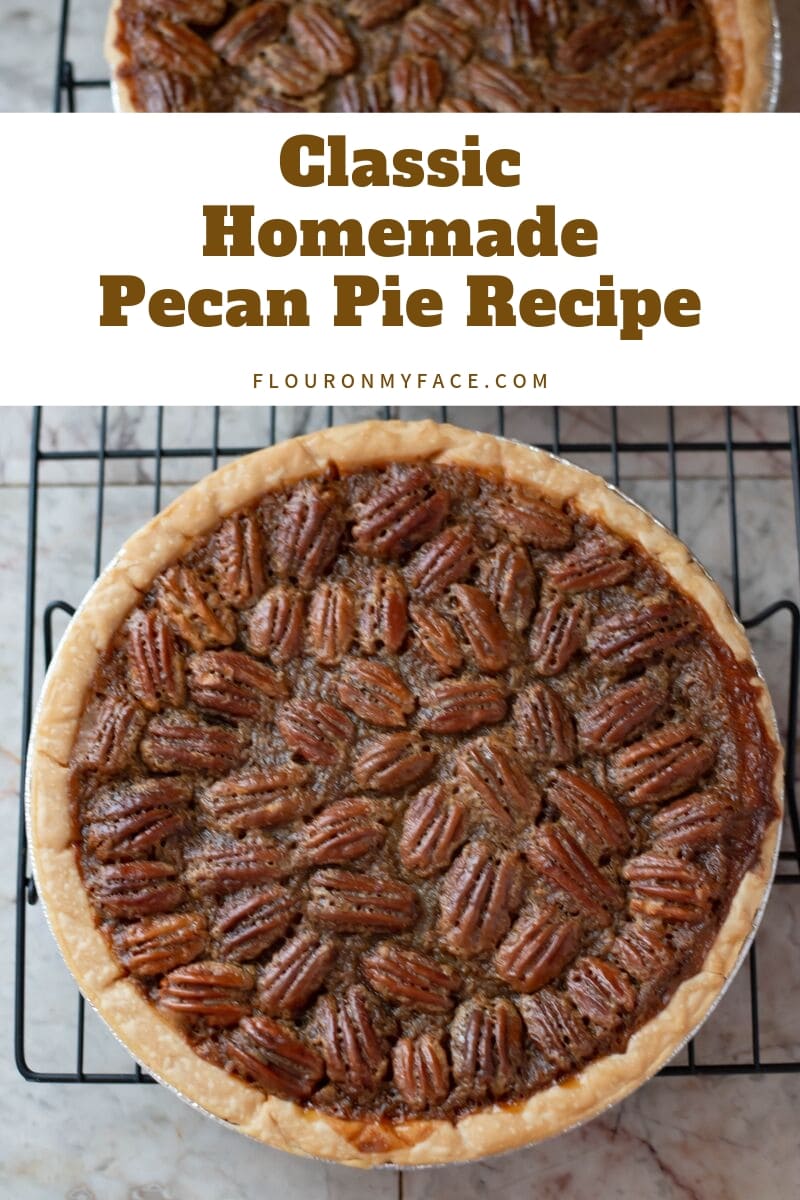 Freshly baked Homemade Pecan Pie on a cooling rack
